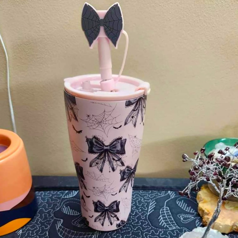 Pink Goth Bows and Bats Tumbler 20oz Stainless Steel NWT